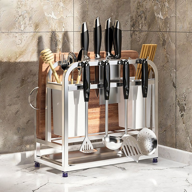 가정용 주방정리 스텐 올인원 칼블럭 수저통 다용도 스탠드형 키친툴 홀더 도마거치대, 실버, 1개