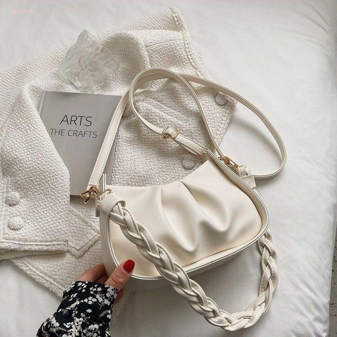 腋下包包女 百搭 雲朵包 單肩包 斜挎包 軟包, 米白色（雙肩帶）