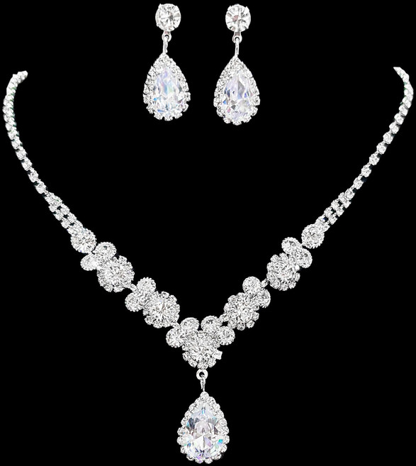 FANSYLI 고급스러운 큐빅 주얼리세트 여성 샤이니 큐빅 플라워 목걸이 물방울 귀걸이 2P세트 트렌디하고 세련된 신부 액세서리 웨딩 파티 드레스 주얼리 세트 W2411N18