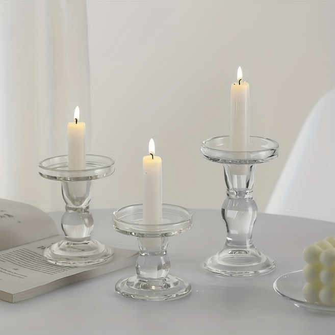세개 세트 인스풍 유리 프렌치 장식품 빈티지 유리 로마 기둥 촛대 로맨틱한 촛불 저녁 식사 촛대 부드러운 장식 사진 장식품, 투명색
