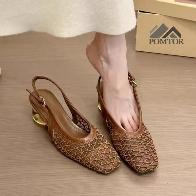 POMTOR 여성 여름 발편한 캐주얼 스트랩 뜨개질 밴딩 미들굽 샌들5cm