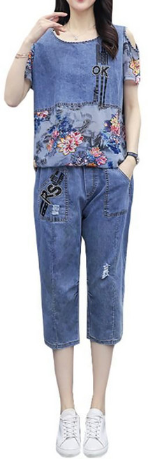 셀럽당 여성 데님 세트 반팔 상의+9부 팬츠 와이드 투피스