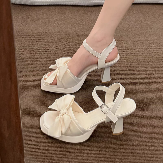 여성 패션 리본 샌들 여름 오픈토 키높이 수도 에팡토 힐 샌들 7cm