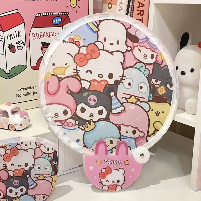 만화 셀카 반사형 접이식 부채 휴대용 어린이용 소형 원형 부채 여름용 귀여운 작은 부채, 산리오, 1개