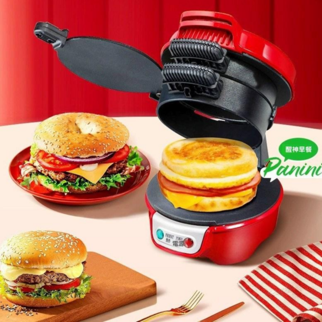 多功能智慧漢堡機 600W 大功率 不粘塗層 自動控溫, 紅色, 1個