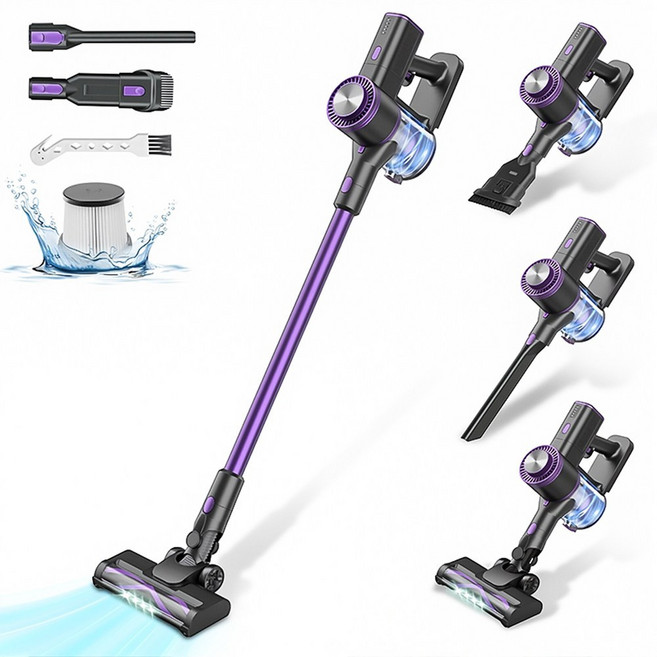 RichMagic 4in1 무선 분리형 배터리 스틱 청소기 강한 흡입력 가정용 핸드헬드 진공 청소기 반려동물 털 청소에 적합한 경량 청소기, 검은보라색