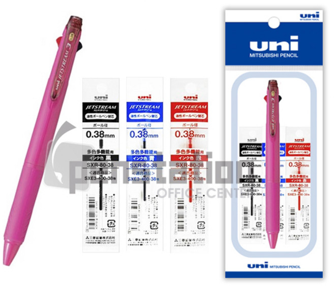 유니 제트스트림 SXE3-400 3색 0.38mm + 리필심 세트, 3색 0.38mm로즈핑크1+리필심(흑1+청1+적1)