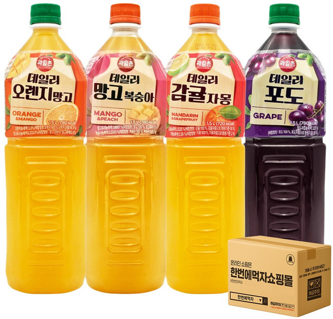 [한번에먹자] 과일촌 데일리 과즙음료 4종 혼합 / 오렌지망고 + 망고복숭아 + 감귤자몽 + 포도 / 각1개씩 총4페트