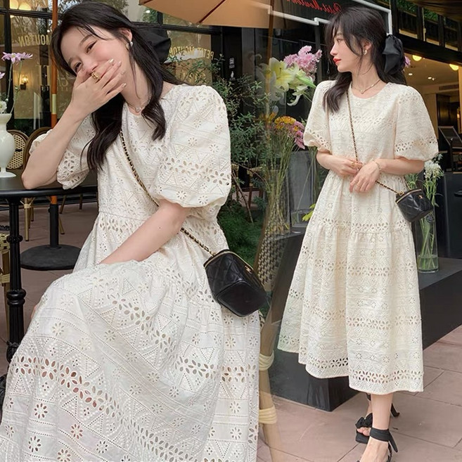7위 - JQS 여성 레이스 M~2XL 펀칭 롱원피스 퍼프소매 A라인 휴양지 바캉스 여름 원피스 1887