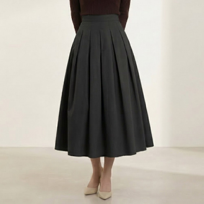 오브나인 클래식 여성용 핀턱 플레어 롱 스커트 (3color)+델로나