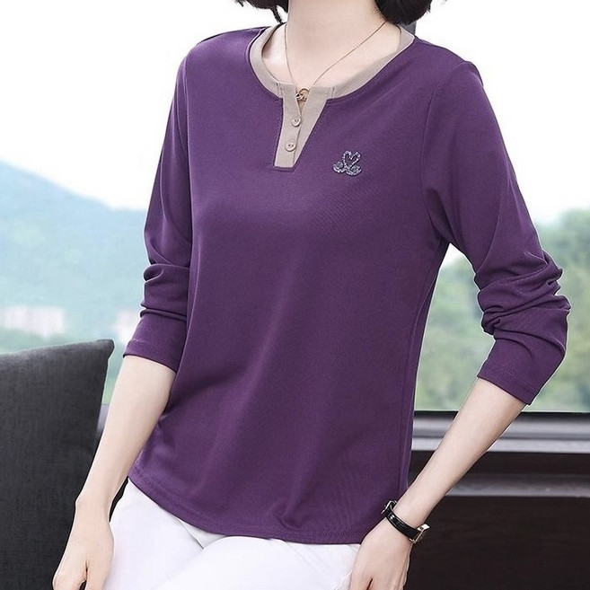 COSYEVNO 중년 여성 봄가을 라운드넥 버튼 긴팔 티셔츠 TZKmmtx-6