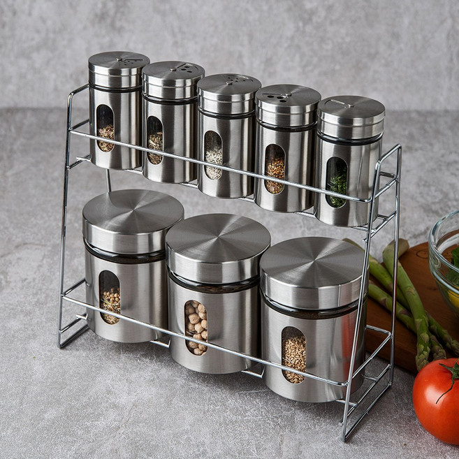 스텐양념통 8종 세트 10종 세트 밀폐용기세트 무연두께유리양념통보관통 바비큐양념통 소금사탕통, 1개, 스테인리스 8피스