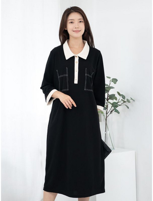 모슬린 엄마옷 배색카라 긴팔 원피스 MQG125929 마담 미시옷 중년여성의류 빅사이즈 50대 60대여성옷