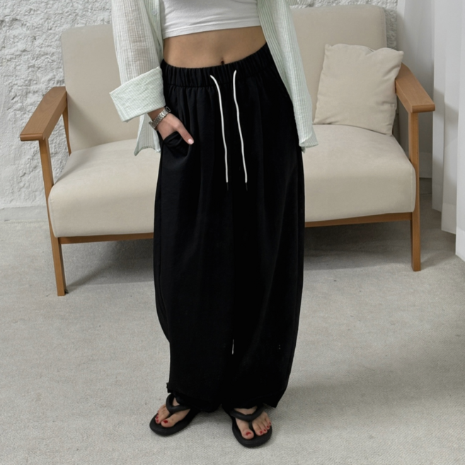 바이일이오 여성 무지 배색 핀턱 파스텔 바스락 밴딩 여름 와이드 팬츠