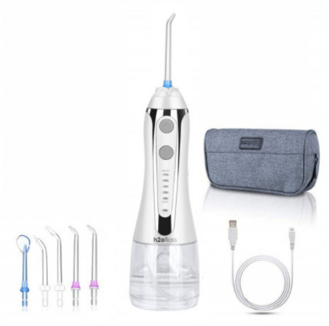 휴대용 구강세정기 h2ofloss 대용량 건강한 구강관리 물치실 5개노즐팁, 화이트
