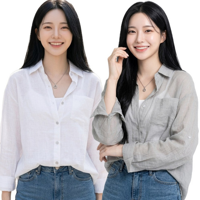 3위 - 리브온리브 여성 여름 셔츠 거즈 브이넥 시스루 롤업 남방 2종세트