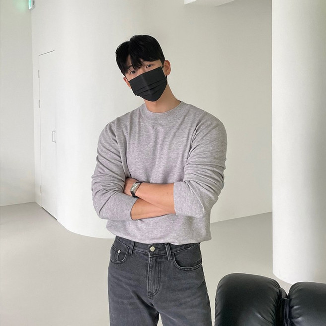 Asure 남자 니트 이너티 라운드넥 머슬핏 긴팔티셔츠