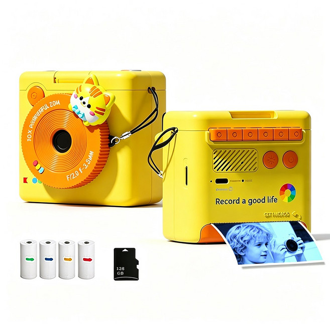 프린트 카메라 즉석카메라128GB SD카드+카드리더기+인화지4롤 포함, 노란