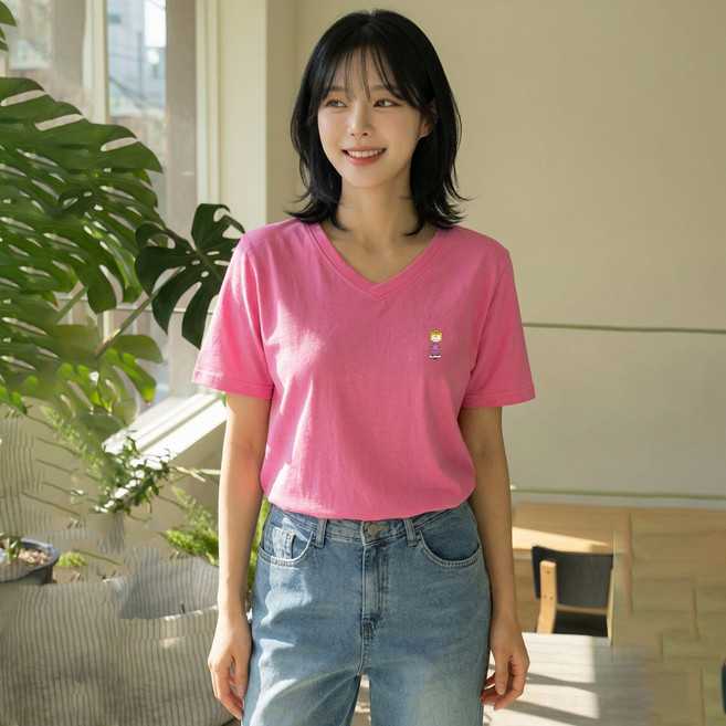 엠제이스타 스누피 브이넥 반팔티 피너츠 여성 V넥 반팔 티셔츠 8color