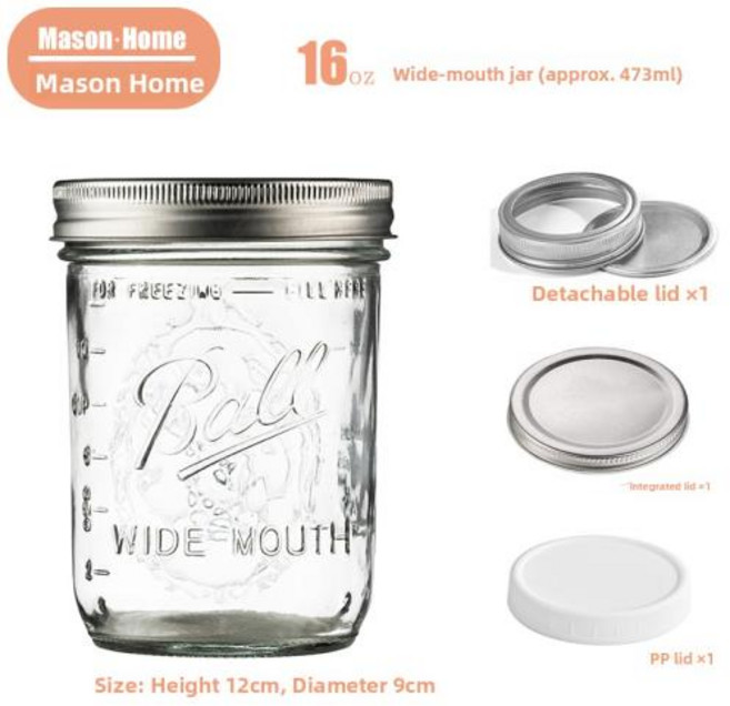 다용도 유리밀폐용기 유리병 주방용기 메이슨 자 유리 오버나이트 오트밀 아침식사 컵 밀폐병 잼 밀크셰이크 병 음료 미국 스타일 레트로 주방 보관용, 10)여러 개의 뚜껑이 있는 16온스 넓은 입구 볼