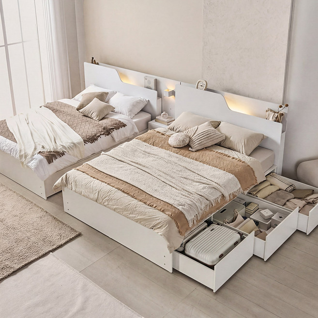 상일리베가구 플로 트윈 부부 호텔 벙커 빅서랍 수납침대 프레임 SS 2개+협탁1EA, 투톤메이플, 투톤메이플