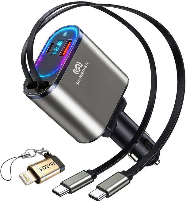 SUNRIVER 차량용 초고속 충전기 240W 3세대 4in1 C타입 2개 애플 변환 잰더 포함 PD USB 4대 동시 충전, 240W/앰레인보우 램프+C타입to애플 변환 젠더, S8