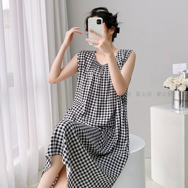 꽃소담 여성 오버핏 주머니 인견 잠옷 원피스 편아한 민소매 파자마 외출 홈웨어 HXY26A1075