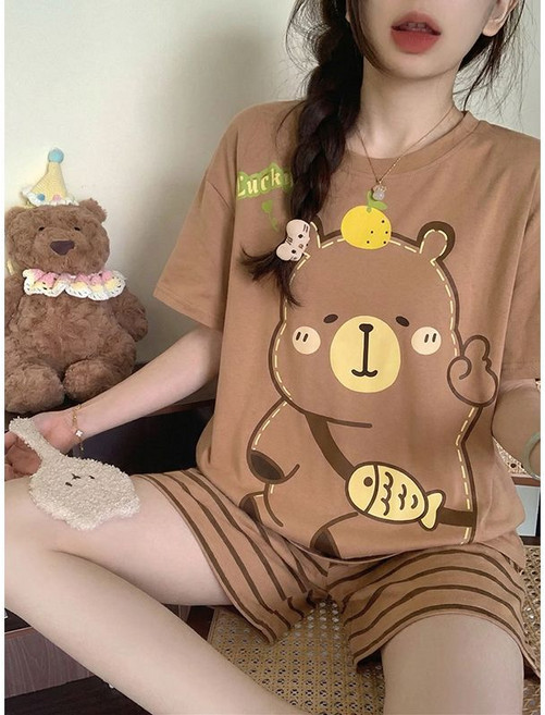 可愛卡通印花寬鬆短袖短褲睡衣套裝