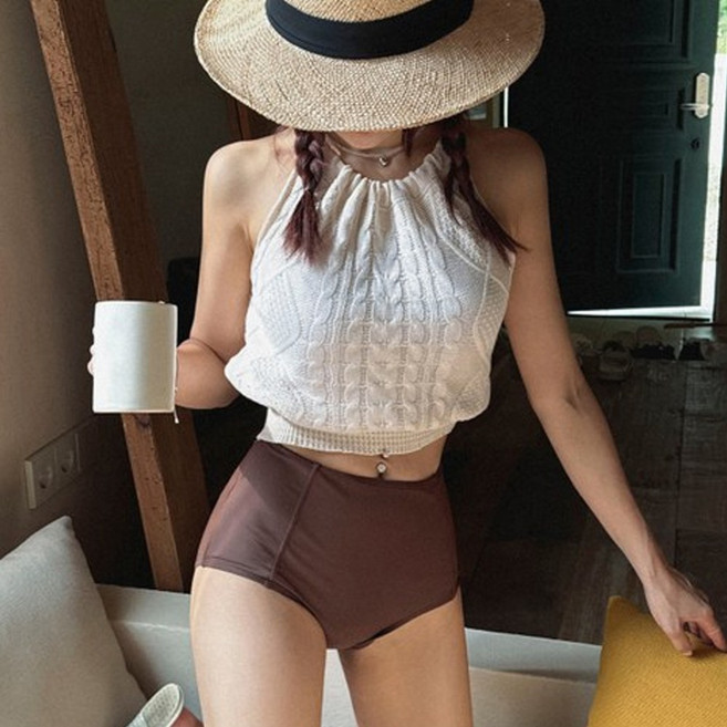 떳다그녀 젠제 비키니세트 홀터넥니트 하이웨스트비키니 배색 니트비키니 수영복셋업 투피스, 베이지