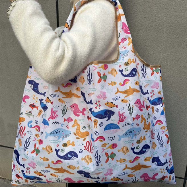 대용량 접이식 휴대용 쇼핑백 장바구니 편의점 마트 가방 숄더백 두꺼운 시장가방 답례품, 바닷속친구들, 1개