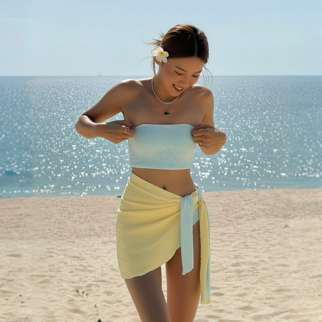 하와이안서프 3피스 상큼컬러 투톤 스카프 튜브탑 비키니세트 바디프로필의상 비키니커버업 포함, 민트레몬