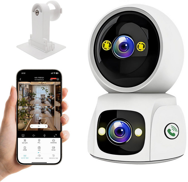 RUN기술 스마트 홈캠 400만화소 회전형 실내용 듀얼 홈카메라, 화이트