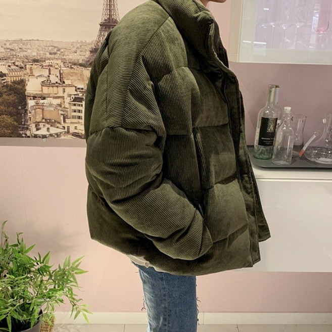 OSON 남성 코듀로이 하이넥 숏 패딩 남녀공용 데일리 카키 오버핏 두꺼운 점퍼 따뜻한 겨울 아우터