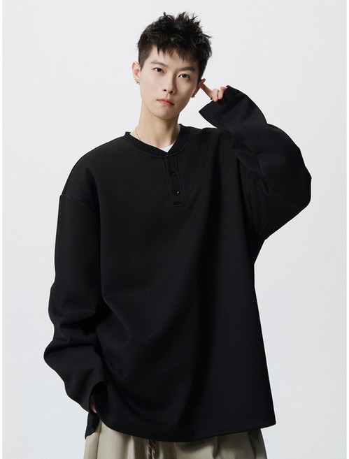 長袖亨利領上衣 寬鬆休閒打底衫