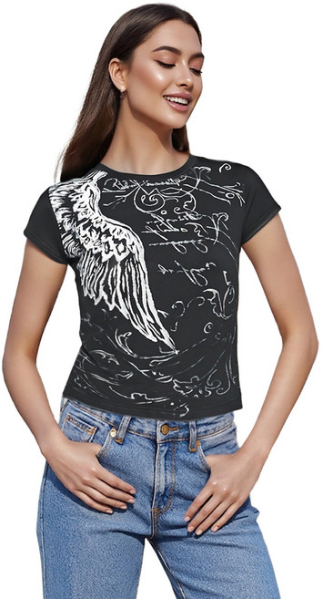 Women Summer Basic Gothic T-Shirt Casual Angel Wings Print Short Sleeve Tops