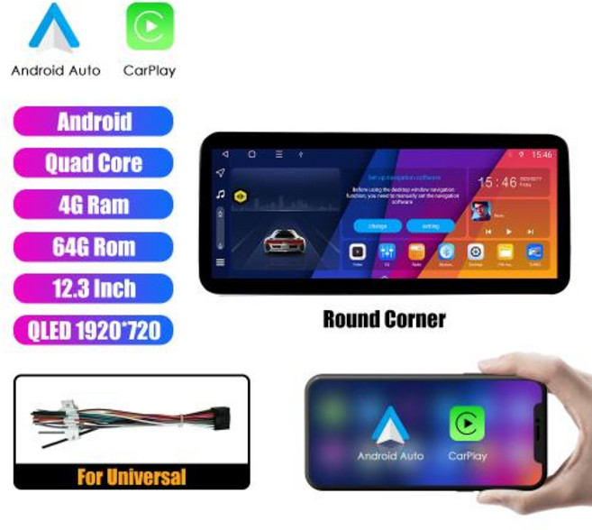 안드로이드 오토 올인원 네비게이션 In-cell QLED 스크린 자동차 라디오 옥타코어 스테레오 DVD GPS 내비게이션 카플레이 자동 4G 와이파이 12.3 인치, 8) R 4core 4G 64G