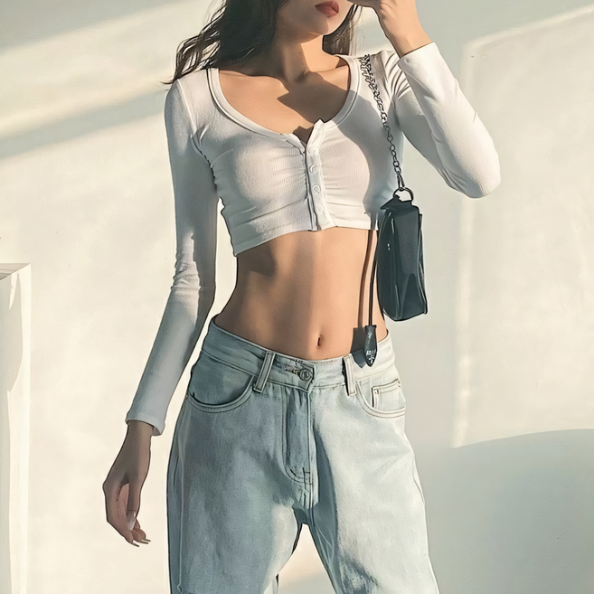 레티고 바디프로필 글램 섹시 긴팔 골지 니트 크롭탑 티셔츠