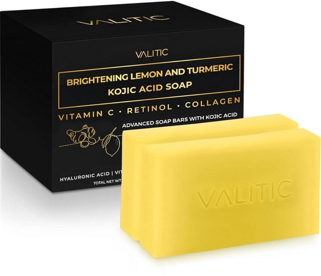 VALITIC 브라이트닝 레몬 & 강황 코직산 비누 비타민 C 레티놀 콜라겐 함유 - 히알루론산 비타민 E 시어 버터 카스티야 올리브 오일이 함유된 오리지널 일본 복, 2팩