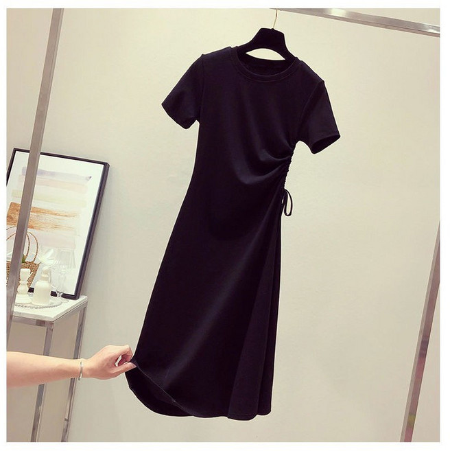 IFaith 法式抽繩連衣裙 圓領修身顯瘦洋裝 SK014, 黑,XL