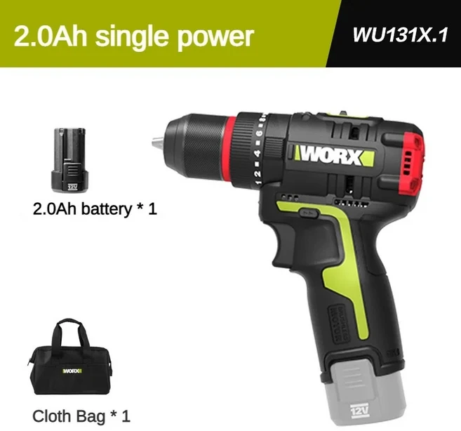 WORX WU131X 새 버전 무선 임팩트 드릴 40Nm 27000bpm 1800rpm 브러시리스 모터 충전식 배터리 범용 12v 플, 02 WU131X.1 No Charger, 01 CHINA