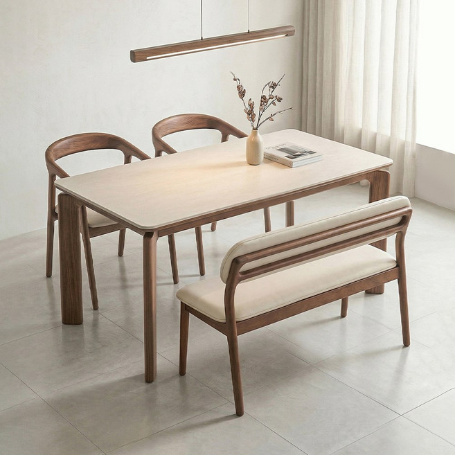 퍼니인어스 아르코 세라믹 원목 월넛 식탁 세트 4인용 벤치형, 4인식탁세트벤치형, 4인식탁+아이보리2인벤치+블랙방석1인의자, 벤치 의자 2