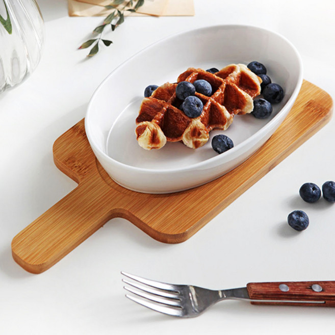 화이트 도자기 샐러드 카레접시 사각볼 홈파티 플레이트 (우드트레이포함), 1개, 높은형