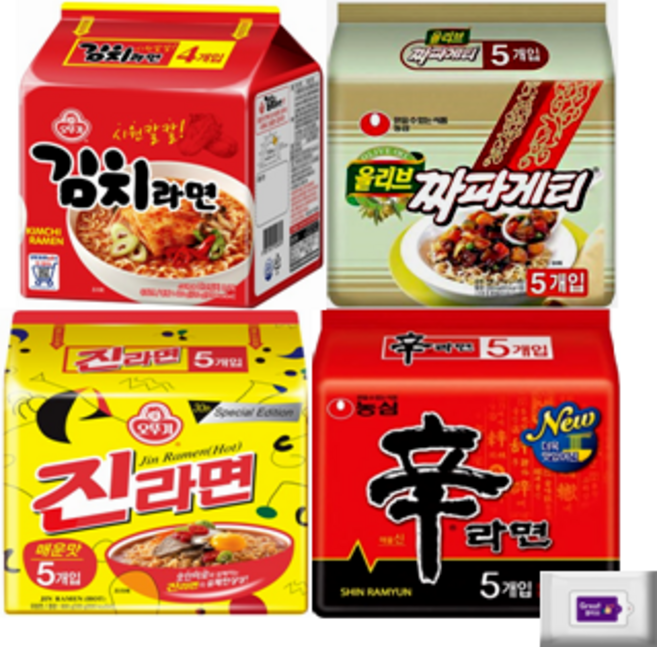 신라면5개+진라면매운맛5개+김치라면4개+짜파게티5개+그레잇물티슈(10매), 1세트