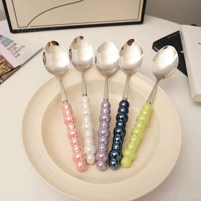 MorningSea 도자기 손잡이304스텐 구슬 디저트 포크 수저 세트, 스푼, 5개