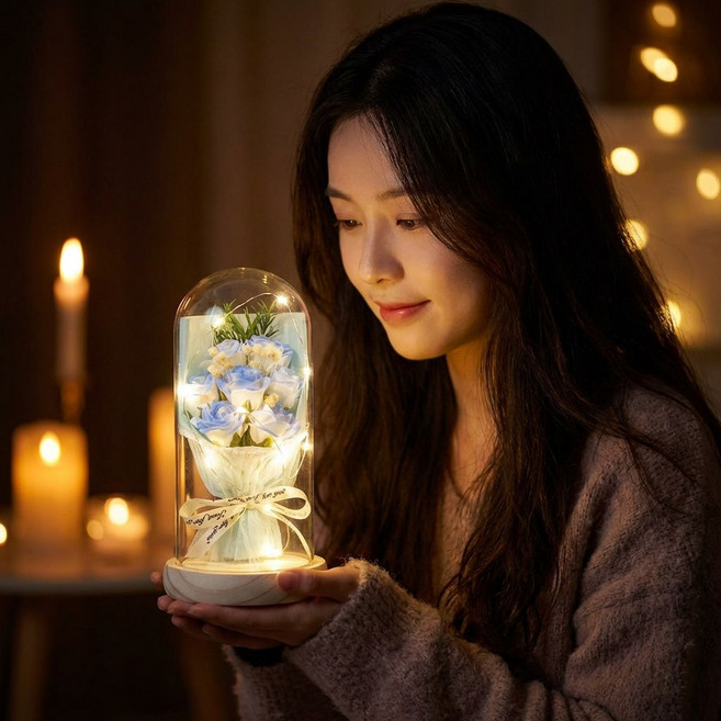 영원한 사랑 시들지 않는 장미 무드등 + 선물용 쇼핑백 세트 인테리어 오브제, 로얄 사파이어 블루