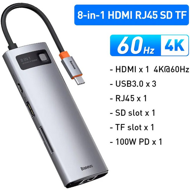 Baseus 맥북 프로용 USB 3.0 허브 노트북 태블릿 액세서리 C타입-이더넷 포트 PD 100W 어댑터 4K 60Hz, 8-in-1 Hub, 8-in-1 Hub