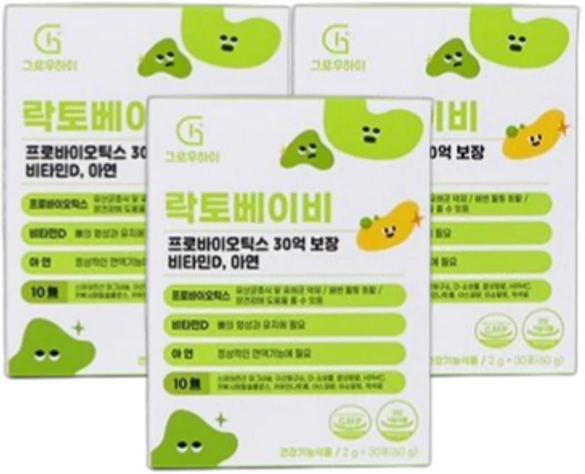 그로우하이 락토베이비 아기유산균 비타민d 영양제 아연 베이비 돌 유아 아이, 3개, 30회분 - 쿠팡