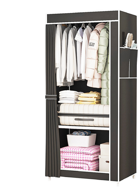 多功能簡易衣櫃 寬56cm 深44cm 高146cm 分區收納 防塵防水, 黑色(含布套), 2層