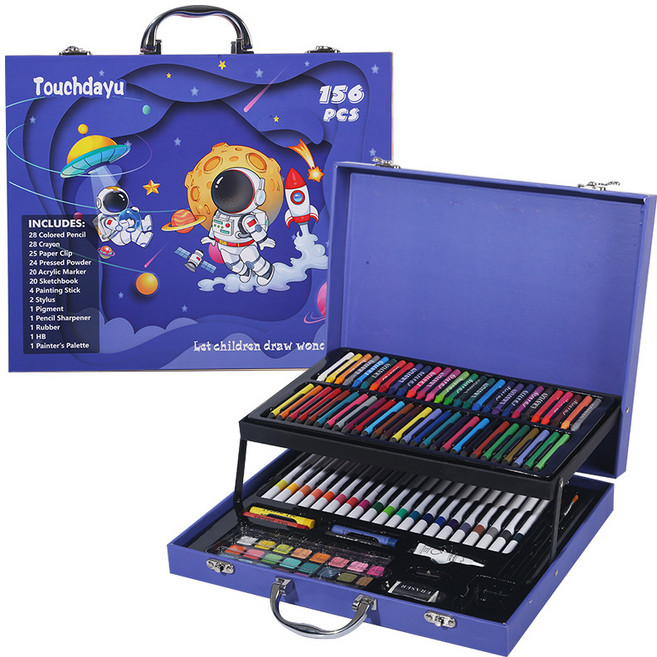 미술 문구세트 색연필 크레파스 마커펜 종합도구 156p, 1세트, 파란색