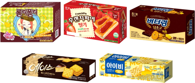 해태 롤리폴리 초코바나나 196g + 후렌치파이 딸기 192g + 버터링 딥초코 103g + 에이스 바스크치즈케이크 73g + 아이비 모어딥치즈 58g 5종세트